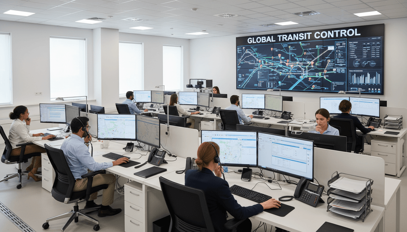 Busy dispatch center with multiple operators at computer workstations monitoring real-time GPS tracking and passenger bookings