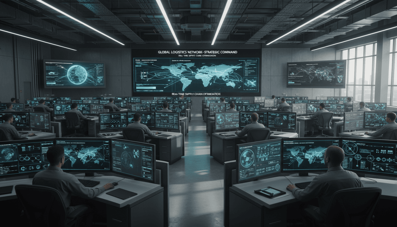 Modern logistics coordination center with personnel monitoring supply chain dashboards and shipping routes on multiple digital displays with natural window lighting