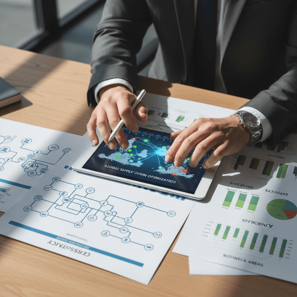 Consultant's hands analyzing supply chain flow charts and logistics data visualizations on desk with tablet showing network mapping software